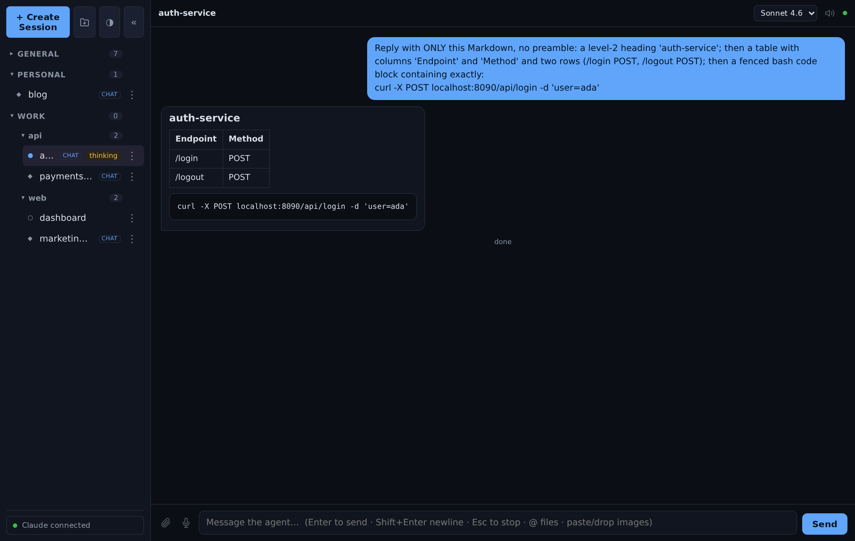 agentpeek UI mode: a Claude chat rendering a Markdown table and a code block, with a model picker and a sidebar of sessions grouped into folders